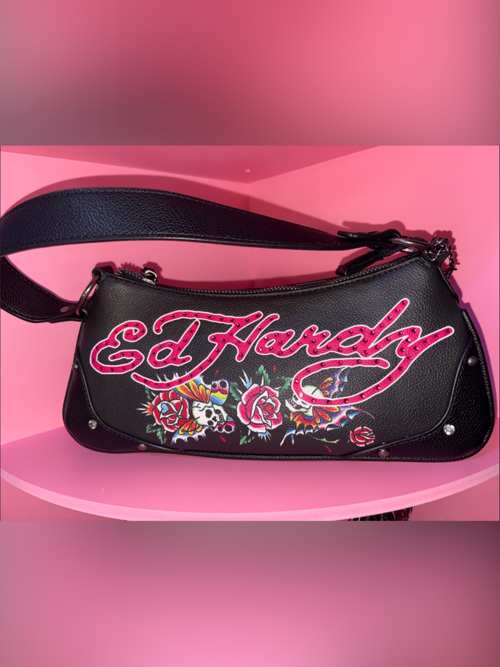 Ed Hardy Black Shoulder Bag with Pink Script and Floral Skull